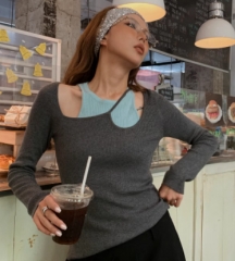 安哥拉红撞色小众设计假两件针织衫毛衣 紫色 s