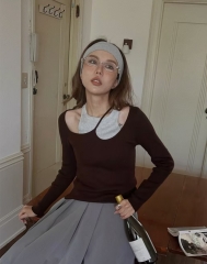 安哥拉红撞色小众设计假两件打底衫毛衣 紫色 均码