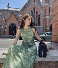 印度风情绿色格子连衣裙 浅绿色 s