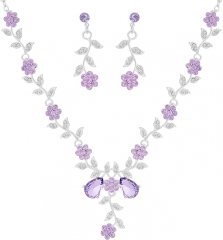 Sacina 紫色伴娘首饰套装,花叶水钻项链和耳环套装,婚礼首饰,紫色项链,女士紫色首饰套装,复古项