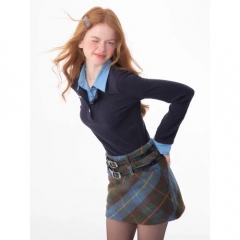 秋冬美式复古设计感喇叭袖假两件上衣修身Polo领针织衫女