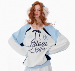 秋冬季新款美式复古高级感撞色拼接字母运动风宽松卫衣女