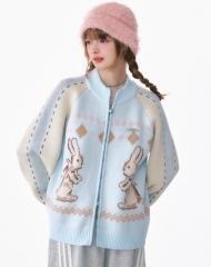 秋冬美式复古撞色拼接兔子毛衣开衫拉链外套女