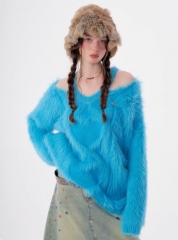 秋冬季美式复古爱心流苏毛毛软糯慵懒风挂脖露肩V领毛衣女