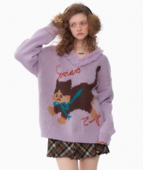 秋冬新款美式复古设计感紫色毛绒V领慵懒风宽松猫咪毛衣女